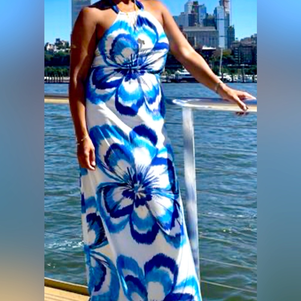 Belle Badgley Mischka Brilliant Beaded Plumeria Halter Neck Chiffon Maxi Dress